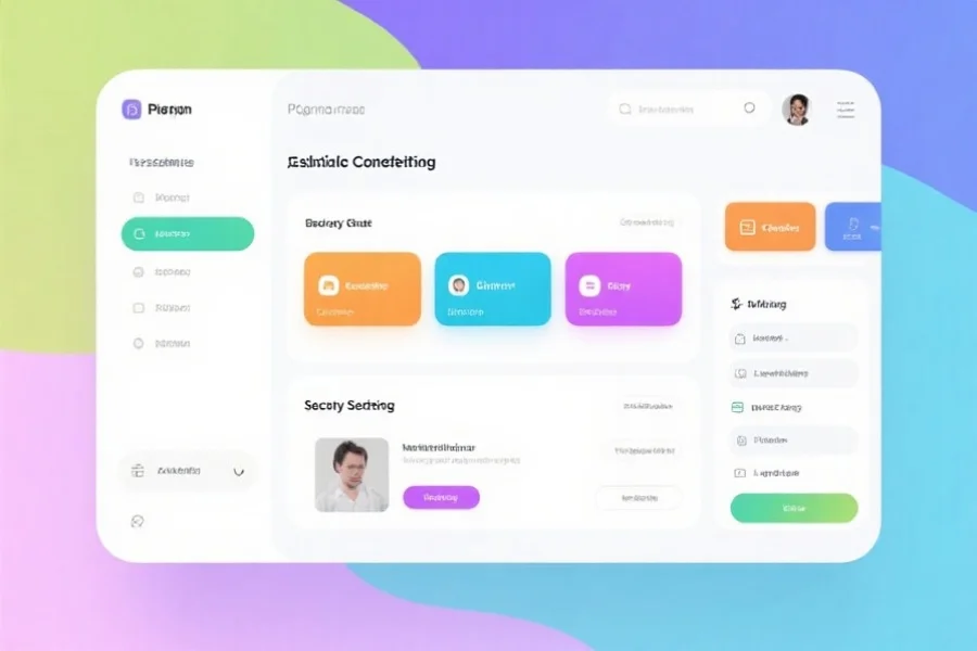 一个现代化的娱乐平台界面，展示定制化内容推荐和安全设置选项，色彩明亮，布局整洁