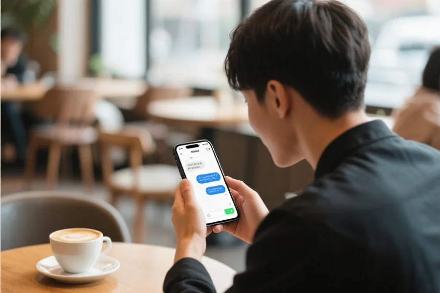 一位年轻用户在咖啡厅通过手机与线上客服沟通，屏幕上显示聊天对话，氛围轻松